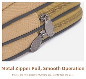 Detail of durable dual metal zippers on a khaki canvas waist bag for outdoor sports