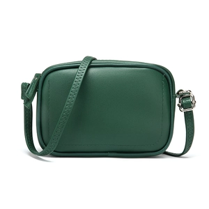 Minimalist dark green leather crossbody bag with adjustable silver buckle and stitching