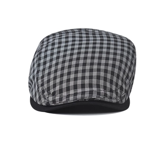 British style black and white plaid flat cap with solid black brim for men and women