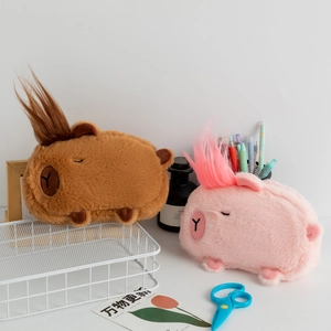 Plush Capybara pencil cases with colorful mohawk hair for creative stationery storage