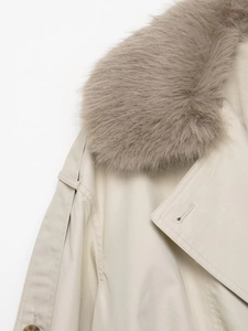 Detailed macro view of the fluffy faux fur collar on the beige short trench coat