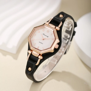 Montre À Quartz Pour Femme Boîtier Hexagonal En Alliage Or Rose Bracelet En Similicuir Avec Rivets Métalliques Style Punk Mode