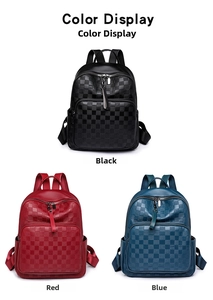 Detailed comparison of checkerboard leather backpacks in black, red, and blue colors