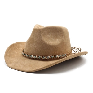 Detail of khaki suede cowboy hat with a colorful ethnic beaded decorative band
