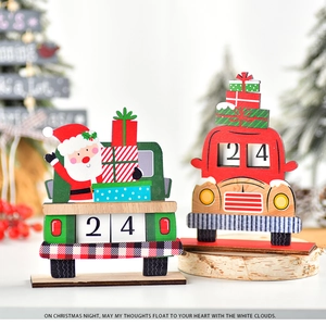 Detail of red and green wooden Christmas truck advent calendars with manual date blocks