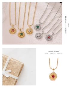 Detailed close-up of sunflower pendant necklace with red gemstone and gold chain