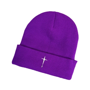 Unisex dark purple knit beanie with white cross embroidery for winter warmth