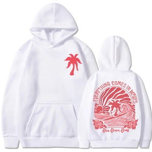 Détails avant et arrière du sweat à capuche blanc avec palmier rouge et vagues