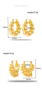 Detailed tile display of gold C-shape bubble and pleated petal earrings with dimensions