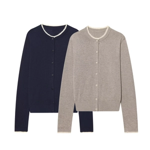 Women's knit cardigan set in navy and grey with white lace trim and round neck