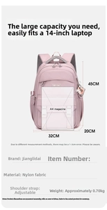 Pink nylon travel backpack detail showing 14-inch laptop capacity and side pockets