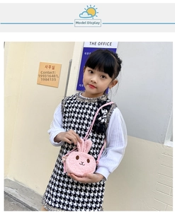 Pink plush rabbit crossbody bag for girls styled with a houndstooth dress outfit