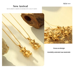Detail of 3D bear pendant necklace in 18K gold plated steel on a textured stone base