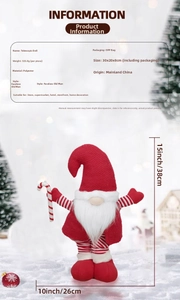Detail of Christmas gnome plush with candy cane and red striped hat in snowy scene