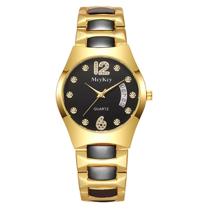Detail of a business quartz watch with black dial, rhinestone markers, and date window