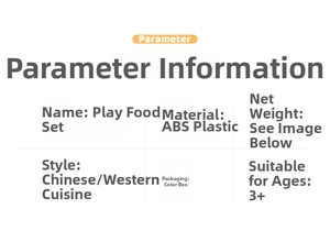Detail view of ABS play food set specifications including material and safety standards