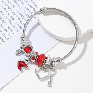 Silver stainless steel swan charm bracelet with red gemstone and handmade heart pendants