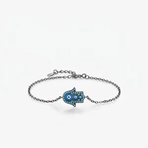 Hamsa Hand Evil Eye Charm Bracelet 925 Sterling Silver Blue Cubic Zirconia Retro Adjustable Jewelry For Women