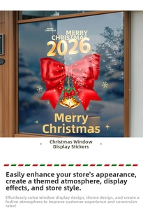 Detail of Christmas window sticker featuring red bow, golden bells and festive snowflakes
