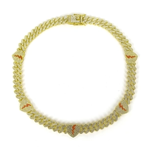 12mm gold Cuban link necklace featuring iced-out broken heart pendants with red accents