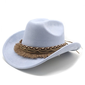 Detail of light blue felt cowboy hat with fringe, woven rope and gold chain trim