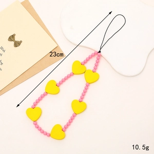 Pink round wooden beads with yellow heart charms mobile phone strap 23cm length