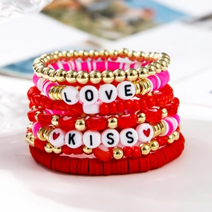 Stackable Heishi Bead Bracelets With Heart Charm Polymer Clay Letter Beads Love Kiss For Women Valentine Gift Boho Style