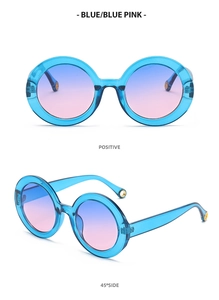 Detail of round frame sunglasses featuring blue acetate and blue-pink gradient lenses