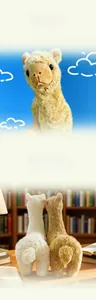 Detailed view of fluffy white and brown simulated alpaca plush toys in a cozy setting
