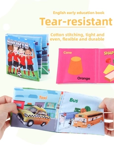 Détail d'un livre en tissu pour bébé résistant aux déchirures avec vocabulaire anglais