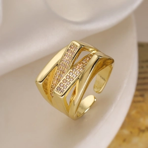 Adjustable Geometric Open Ring Copper Gold Plated Interlaced Hollow Micro Set Cubic Zirconia Elegant Fashion Jewelry Women