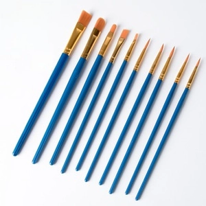 Set of 10 professional pearlescent blue paintbrushes with golden ferrule and nylon bristles