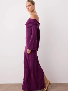 Elegant purple off-shoulder long sleeve maxi dress with side slit and slim fit
