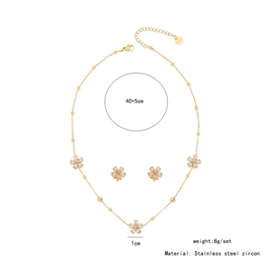 Detail of flower necklace set showing 40+5cm length and zircon stainless steel material