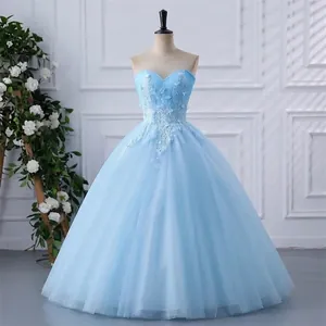 Elegant light blue tube top evening gown with lace embroidery and puffy mesh skirt