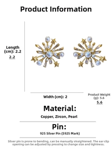 Detailed size specifications for pearl and zircon starburst earrings with 925 silver pins