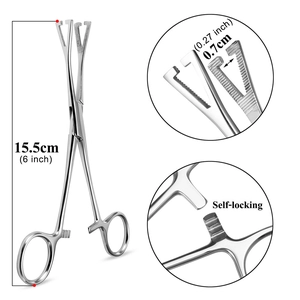 Dettagli pinza per piercing in acciaio inox da 15,5 cm con sistema autobloccante e punte da 0,7 cm
