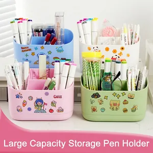 Multi-compartment plastic desk organizer set in pastel colors with cartoon stickers