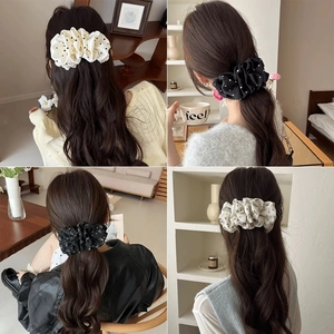 Korean Style Polka Dot Floral Cloth Fabric Banana Clip Elegant Volume Boosting Twisted Hair Clip Ponytail Holder For Women