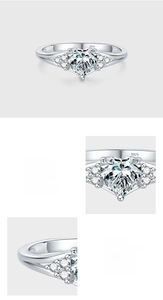 Macro detail of S925 sterling silver heart ring with brilliant 5A zircon prong setting