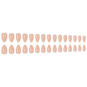 Glossy almond press-on nails in elegant nude pink, full set of 24 pieces on white background