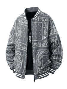 Détail du bomber gris imprimé cachemire avec col côtelé et étiquette de taille XL
