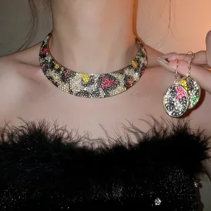 Luxury rhinestone leopard print choker and earrings set in gold tone metal for women