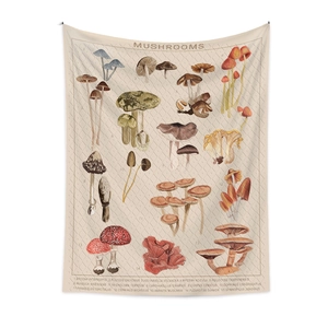 Detail of mushroom botanical chart tapestry with vintage illustrations and Latin names