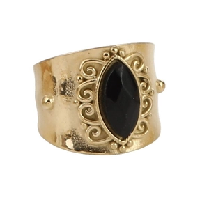Vintage wide gold-plated stainless steel ring with black marquise-cut natural stone