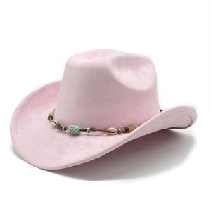 Pink bohemian western hat featuring a suede texture and beaded decorative band detail