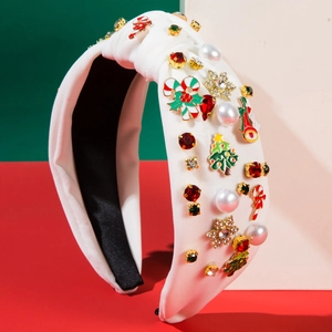 Cerchietto bianco annodato festivo con albero di Natale, perle e strass scintillanti