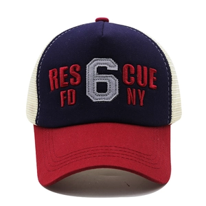 Detailed close-up of 3D embroidery on a multi-color mesh baseball cap with red brim
