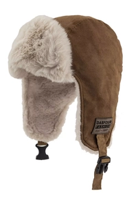 Detail of winter trapper hat showing brown faux suede texture and thick white plush lining