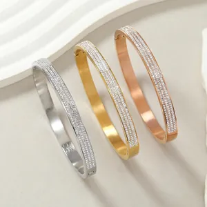 Stainless Steel Triple Row Rhinestone Bangle For Women Fashion Elegant Gold Silver Rose Gold Pave Crystal Cuff Bracelet Jewelry